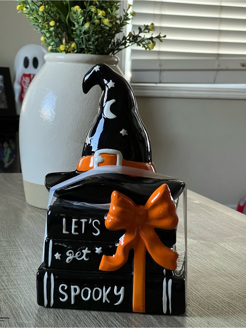 Ceramic Witch Hat Book Stack with Orange Bow canister